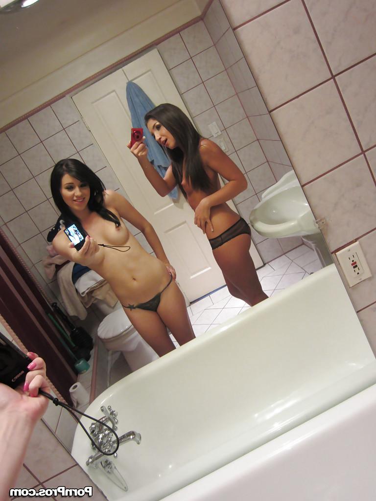 16P Lesbian beauties Giselle Leon and Megan Piper posing in a mirror
