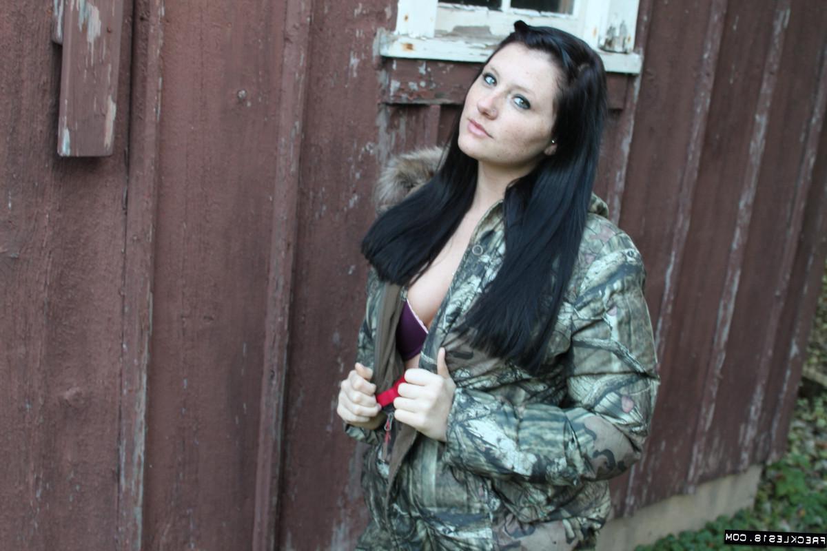 12P Freckles 18 puts on her sexy army camo jacket and teases outside