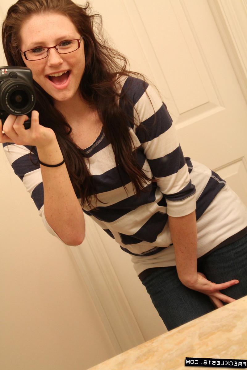 12P Pictures of brunette teen Freckles 18 taking hot selfpics in the bathroom