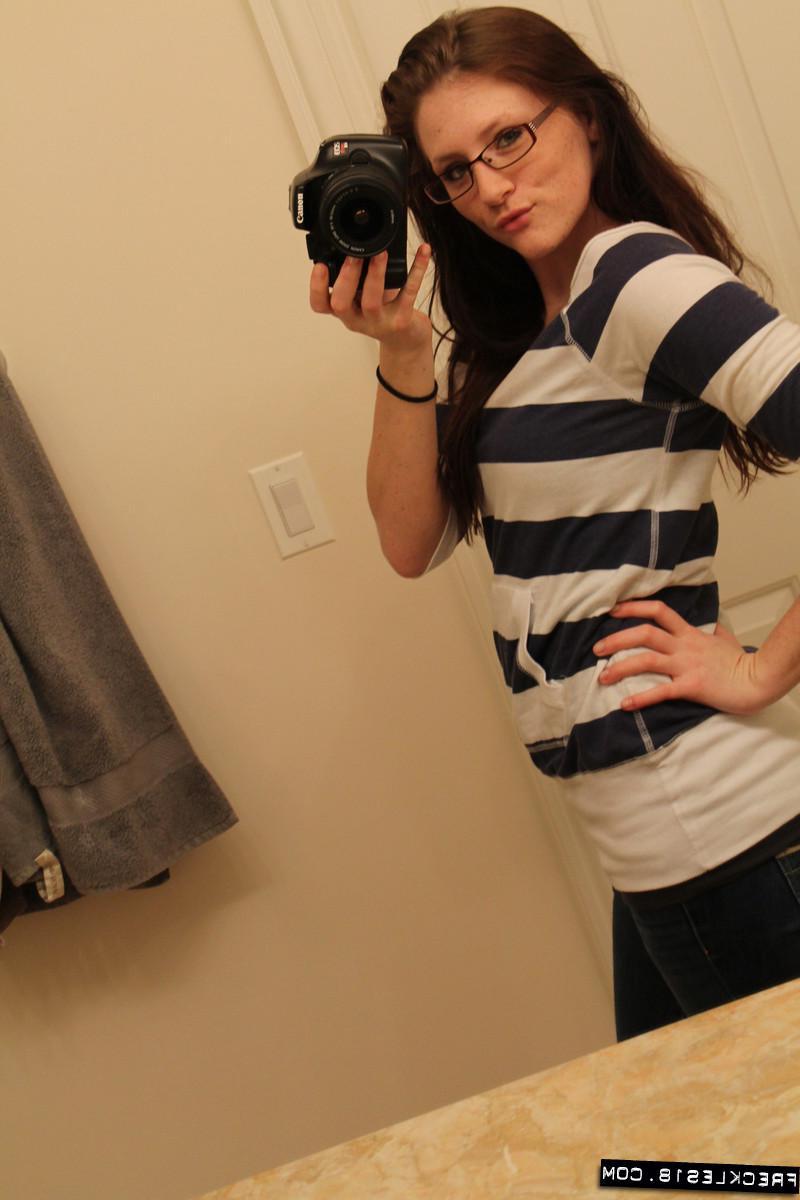 12P Pictures of brunette teen Freckles 18 taking hot selfpics in the bathroom