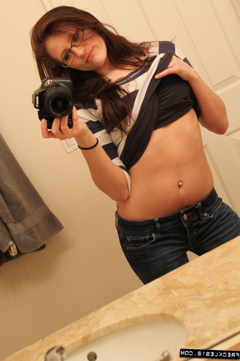 12P Pictures of brunette teen Freckles 18 taking hot selfpics in the bathroom
