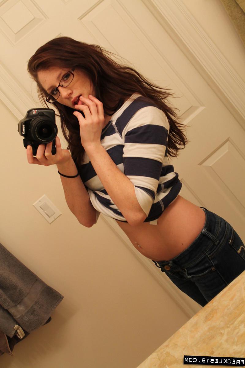 12P Pictures of brunette teen Freckles 18 taking hot selfpics in the bathroom