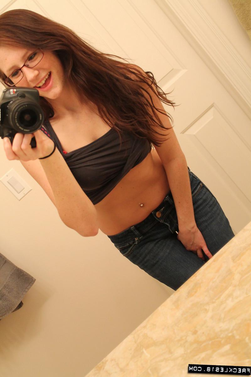 12P Pictures of brunette teen Freckles 18 taking hot selfpics in the bathroom