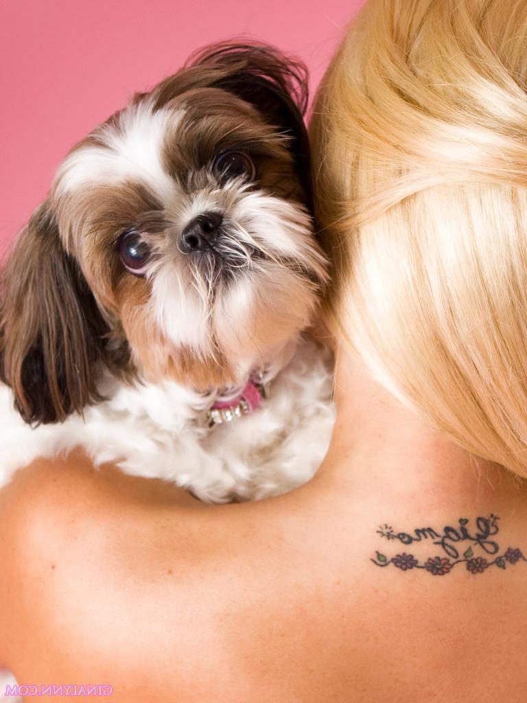 15P Pictures of shares her beauty in an artistic piece with a cute puppy dog