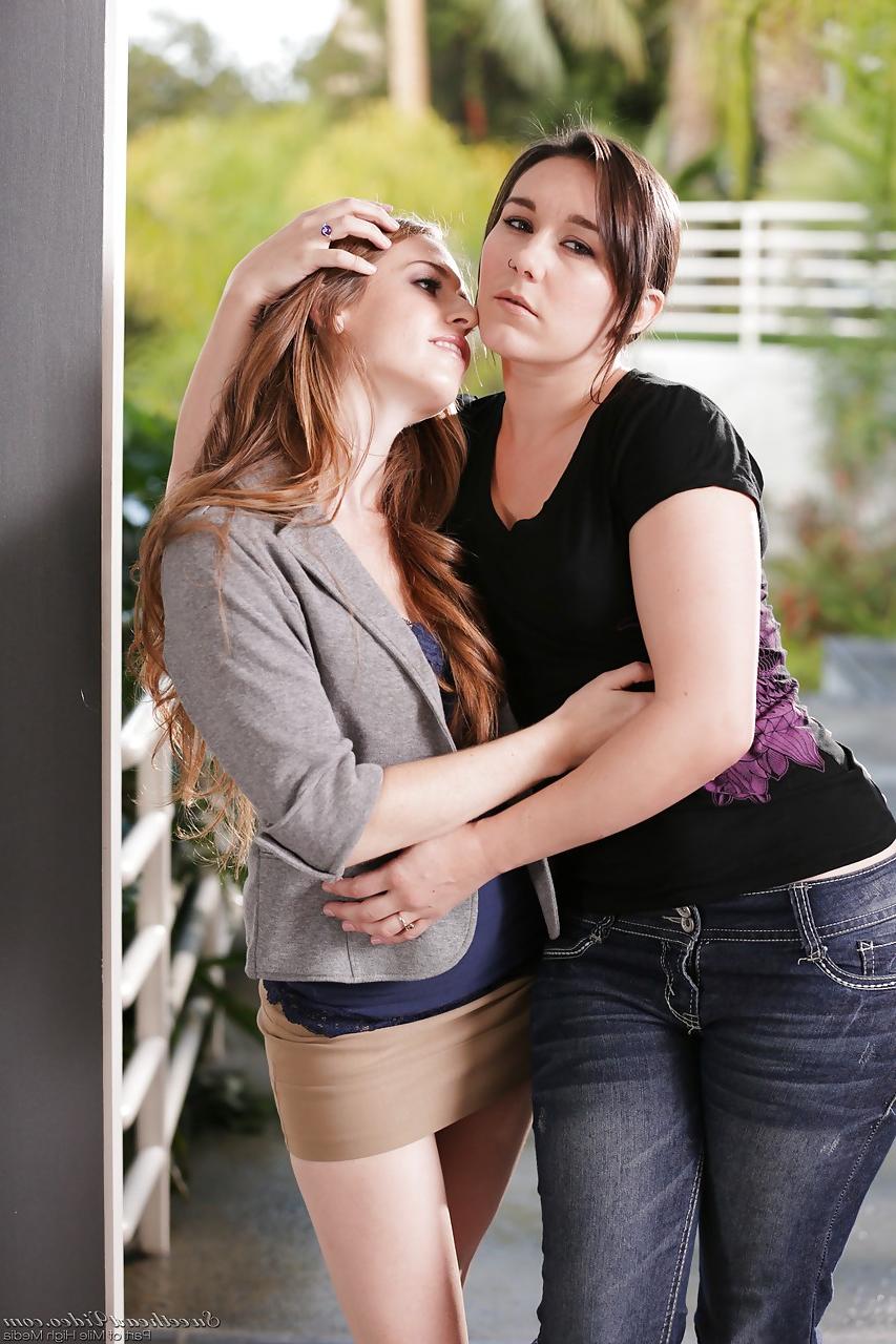 15P Lesbian MILs Sinn Sage & Keira Kelly kissing outside & baring sexy small tits