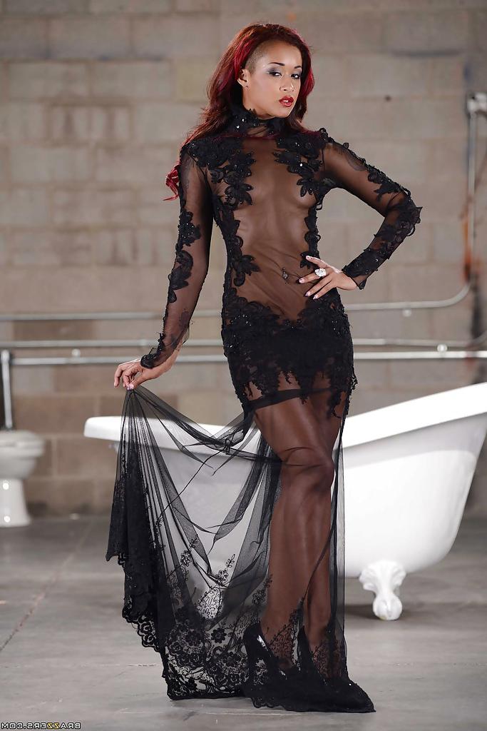 16P Luscious ebony hottie taking off her glam dress and caressing herself