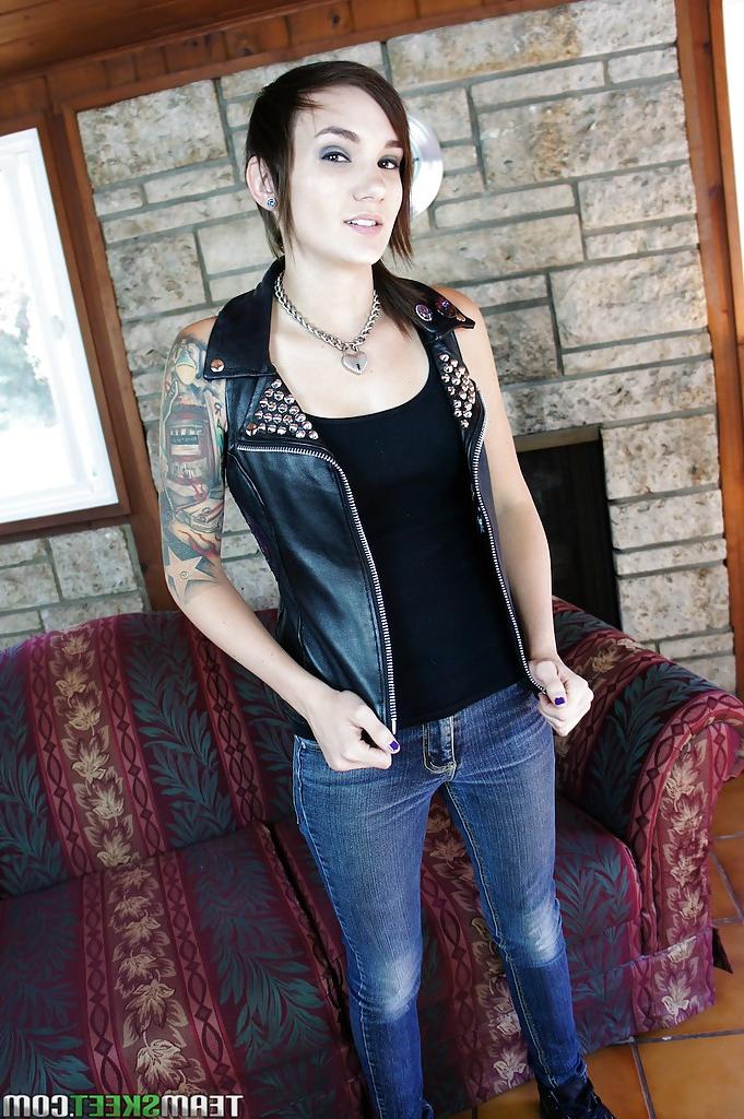 16P Slender tattooed babe in jeans gets naked and masturbates nicely