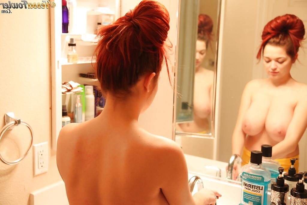 16P Busty pornstar Tessa Fowler brushing her teeth in bathroom topless