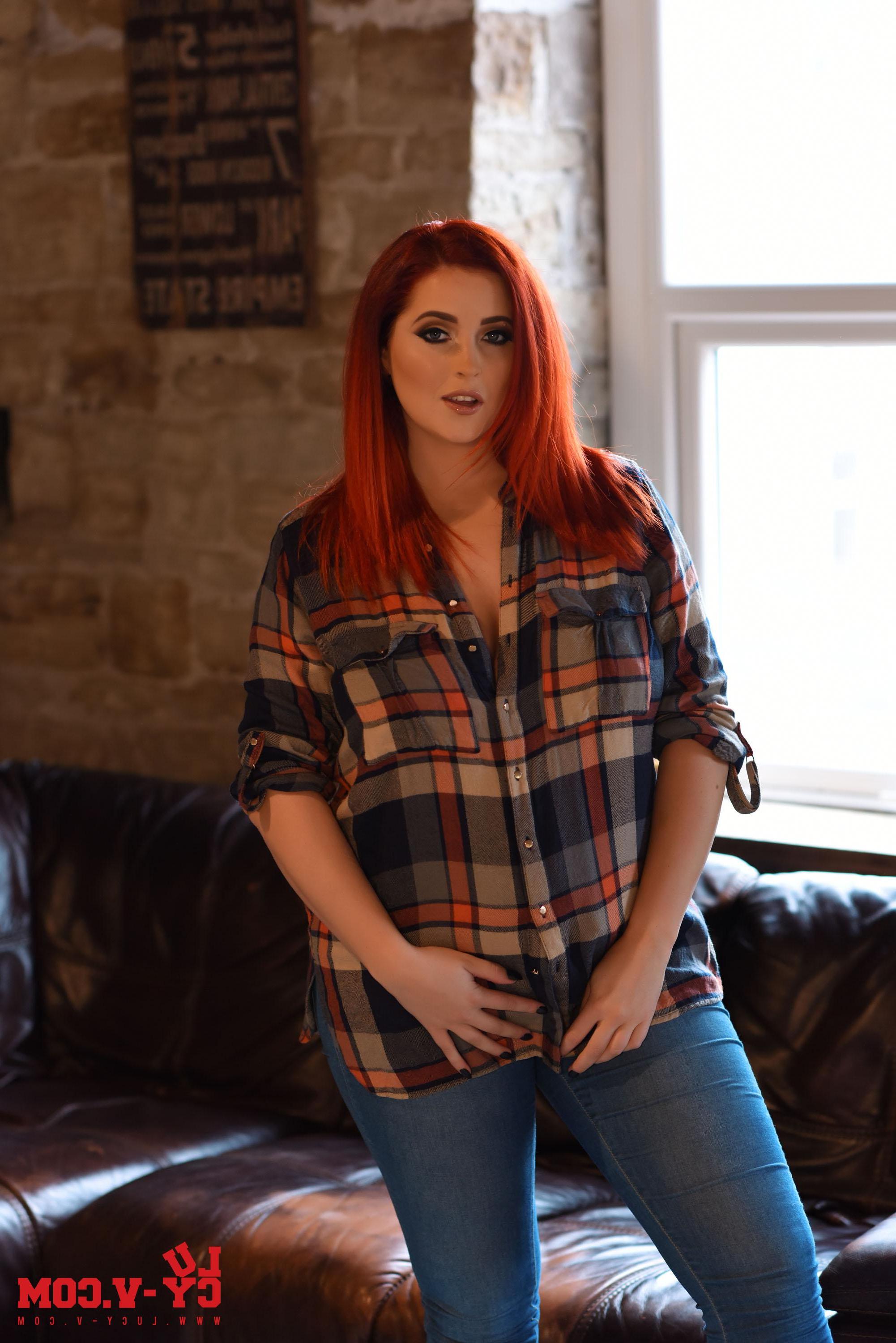16P Lucy V teasing on the sofa in plaid shirt and jeans