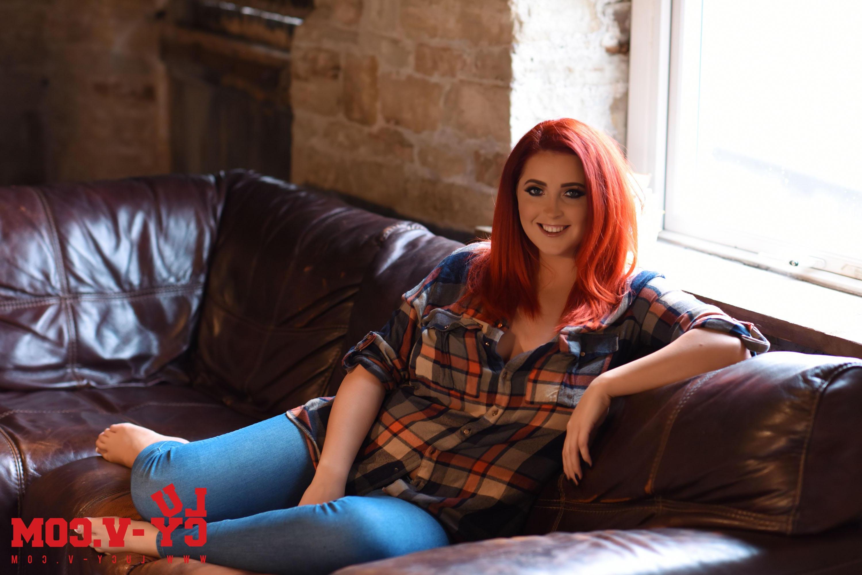 16P Lucy V teasing on the sofa in plaid shirt and jeans