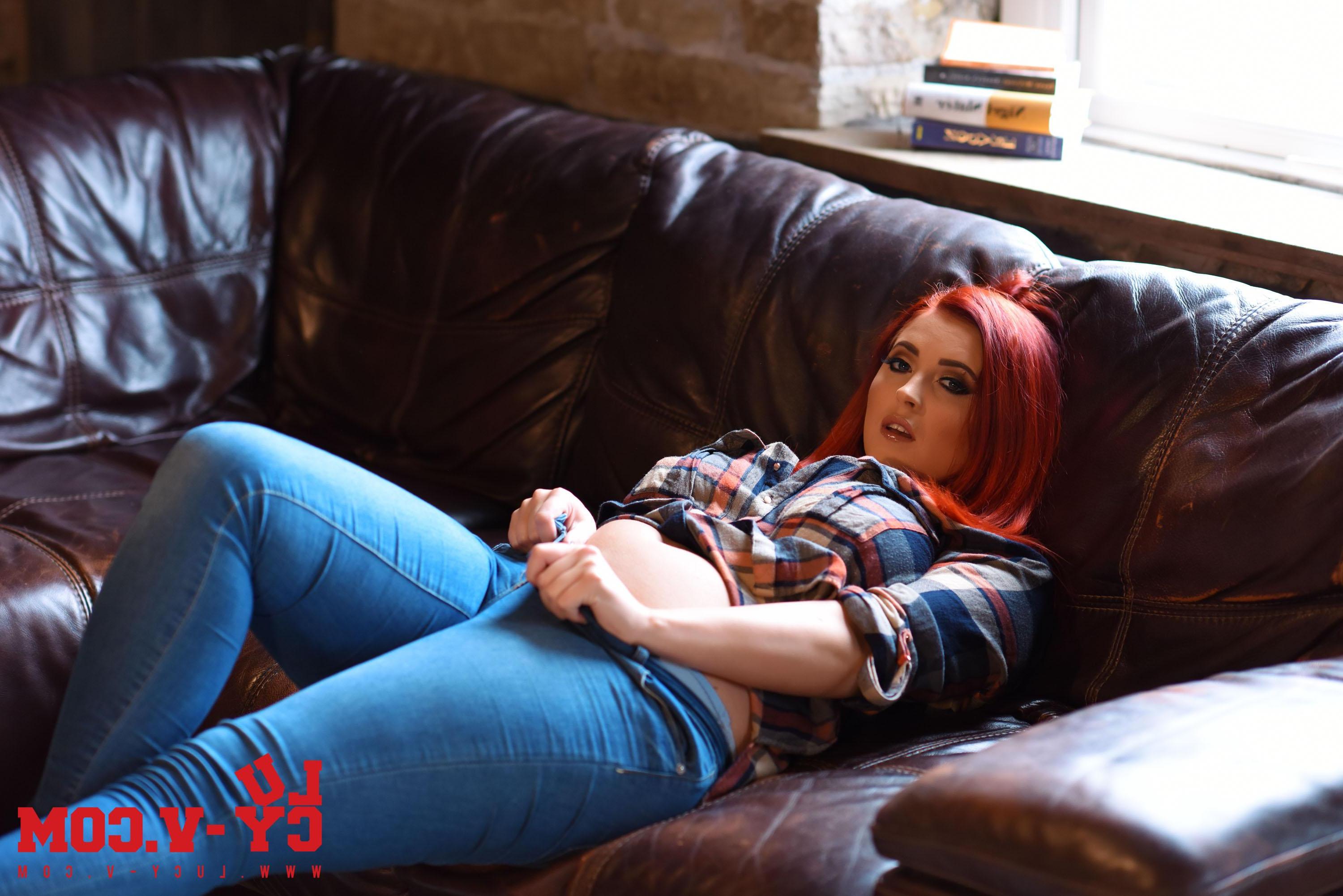 16P Lucy V teasing on the sofa in plaid shirt and jeans