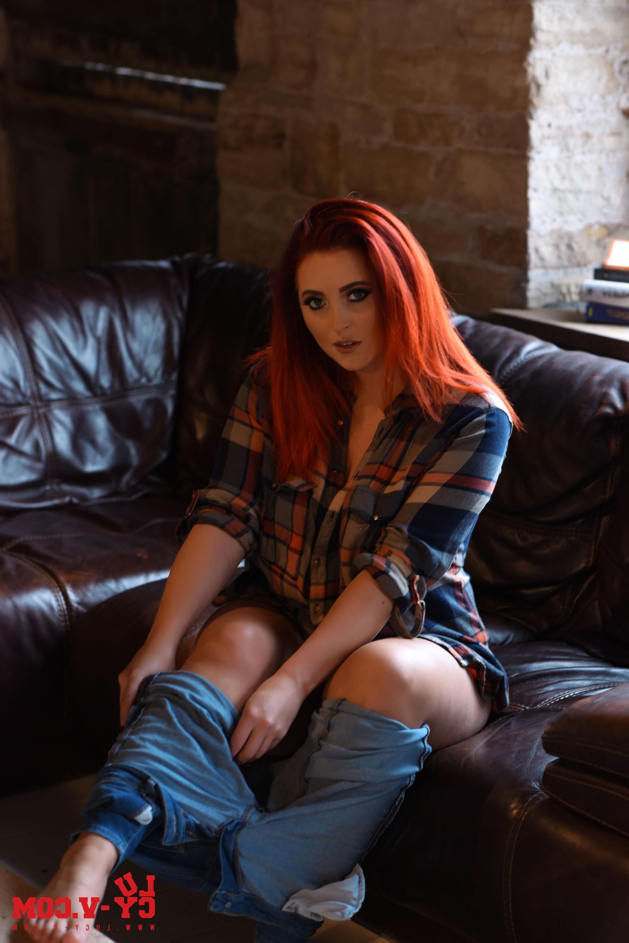 16P Lucy V teasing on the sofa in plaid shirt and jeans