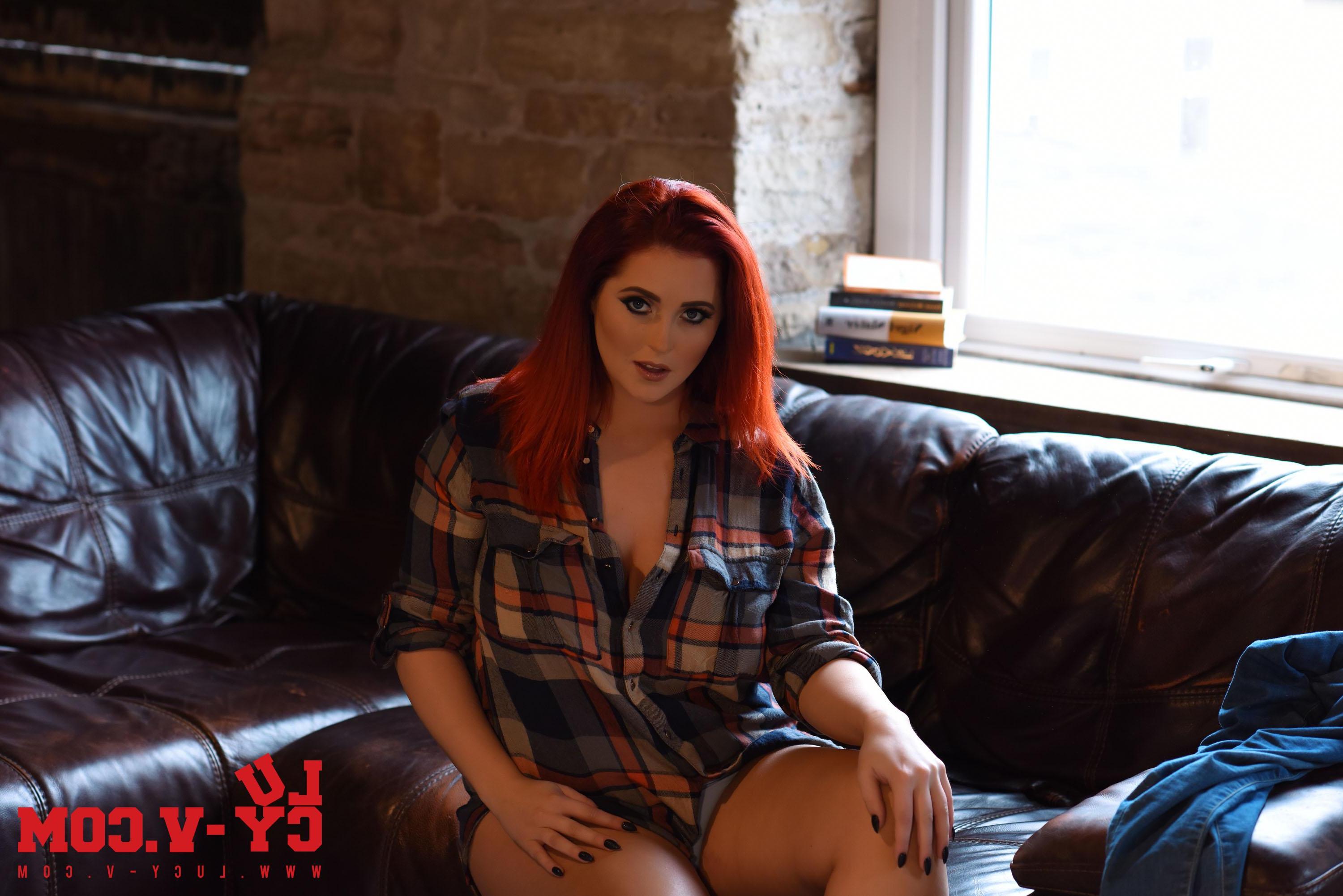 16P Lucy V teasing on the sofa in plaid shirt and jeans