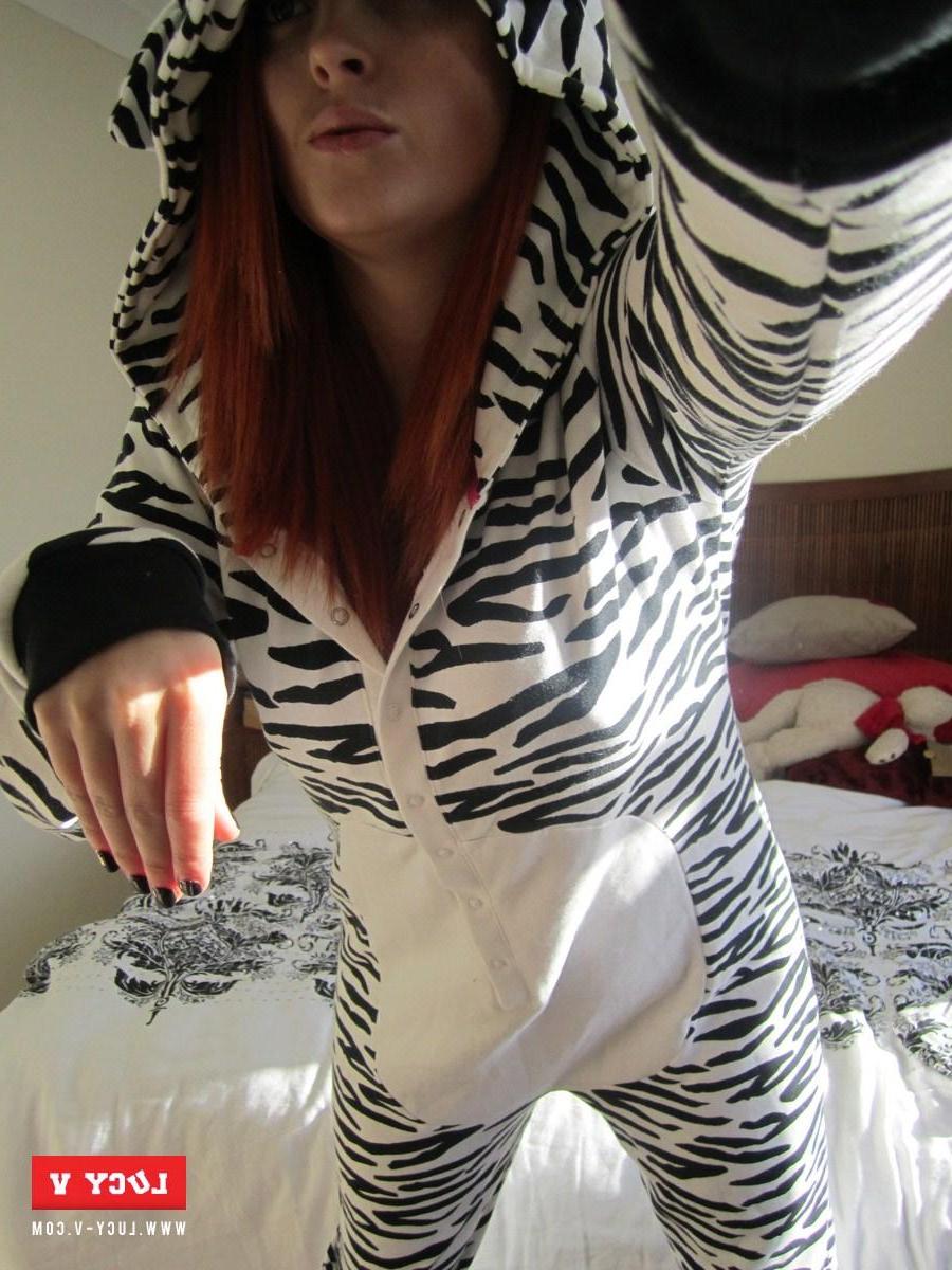 12P Busty model Lucy V strips from her striped onsie