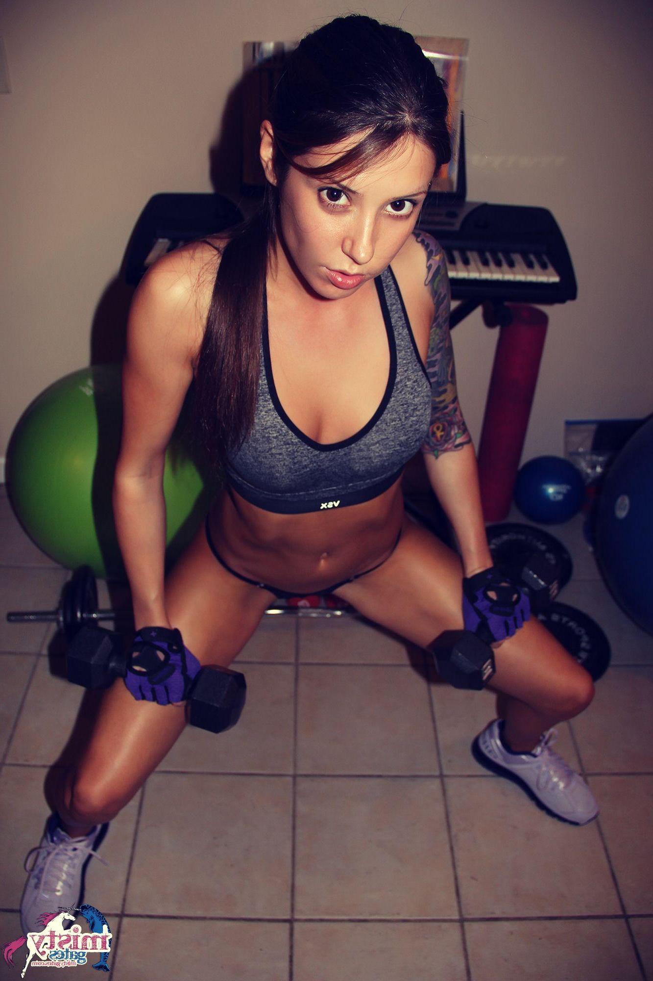 15P Misty Gates gets really hot while working out and has to start removing clothes