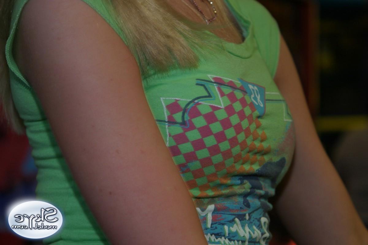 12P Petite blonde Skye Model is out having fun in a tight top and jeans