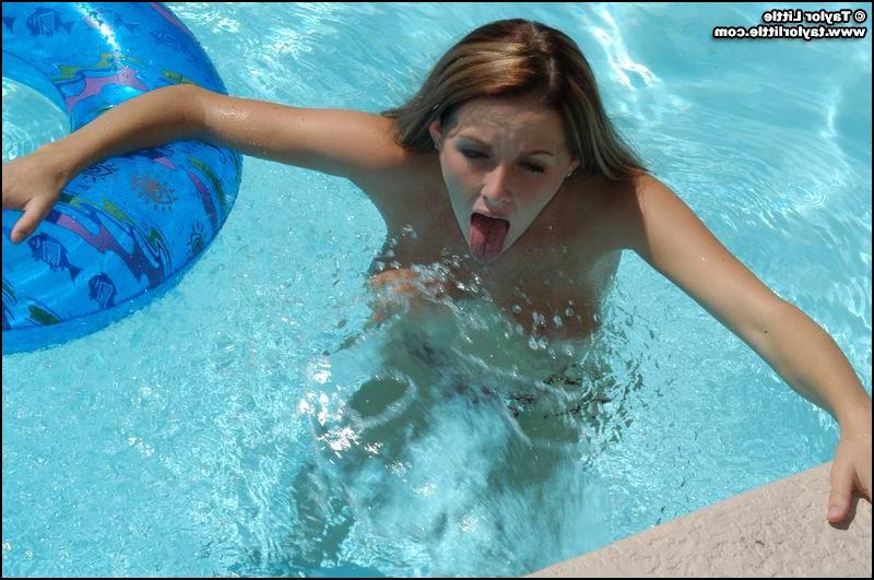 20P Pictures of Taylor Little taking off her bikini in the pool