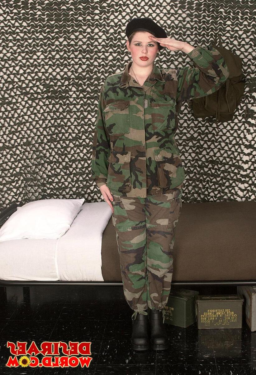 16P Busty soldier Desirae salutes with her massive jugs