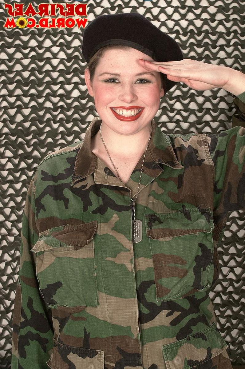 16P Busty soldier Desirae salutes with her massive jugs