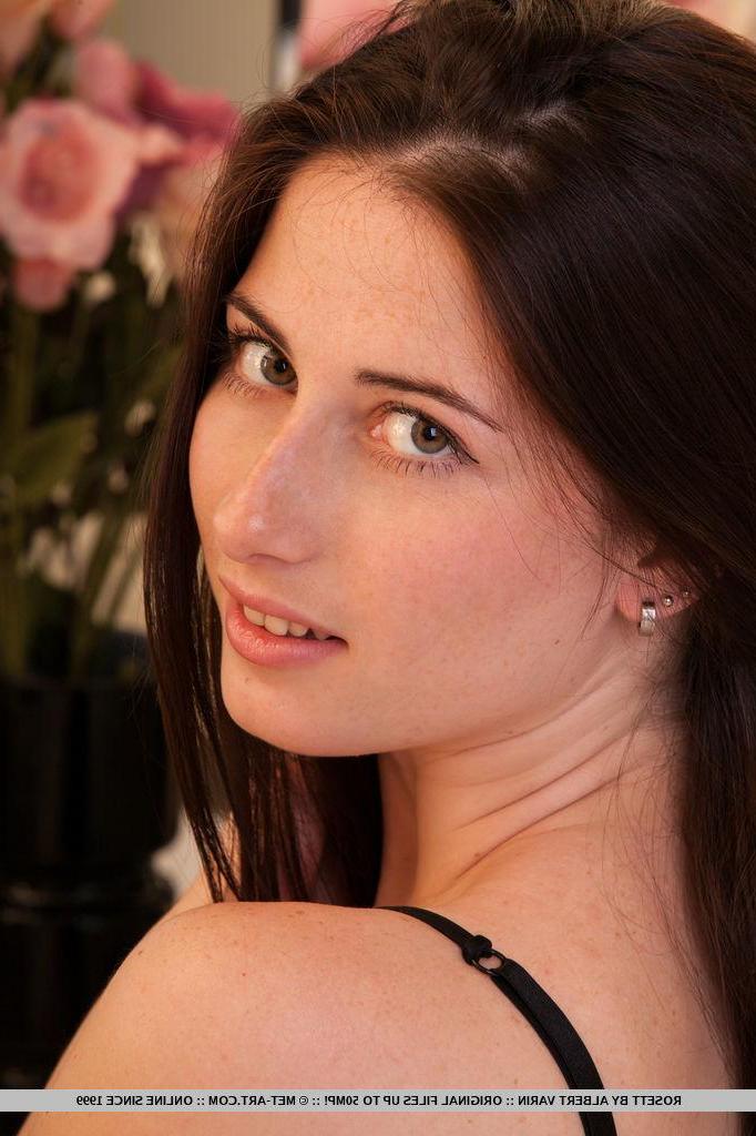 18P Brunette beauty Rosett strips out of her sexy lingerie