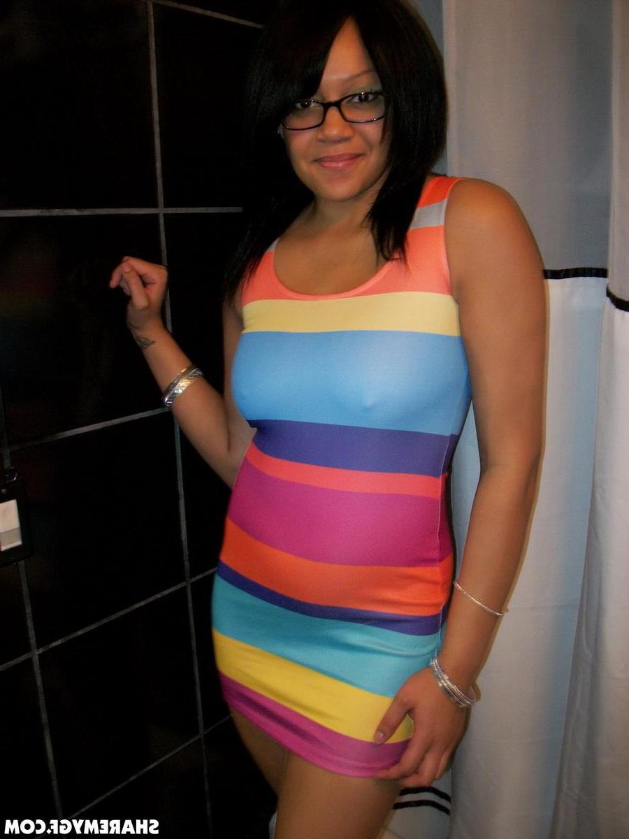 12P Cute black girlfriend shows off her big perky tits in the bathroom