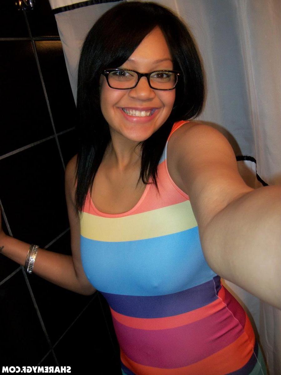 12P Cute black girlfriend shows off her big perky tits in the bathroom