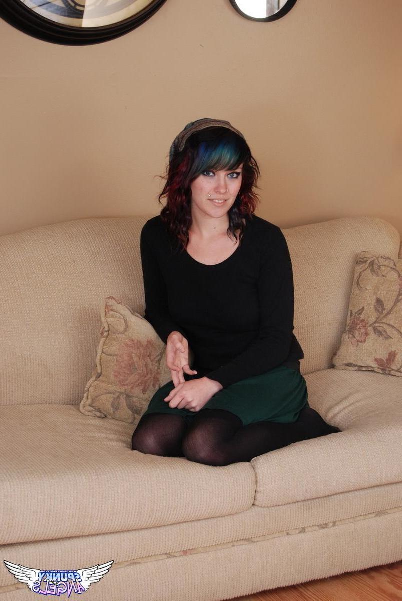 12P Brunette teen Sabrina teases with no panties covering her tight pussy under her short skirt