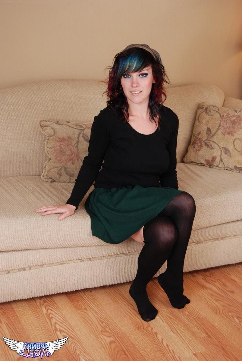 12P Brunette teen Sabrina teases with no panties covering her tight pussy under her short skirt
