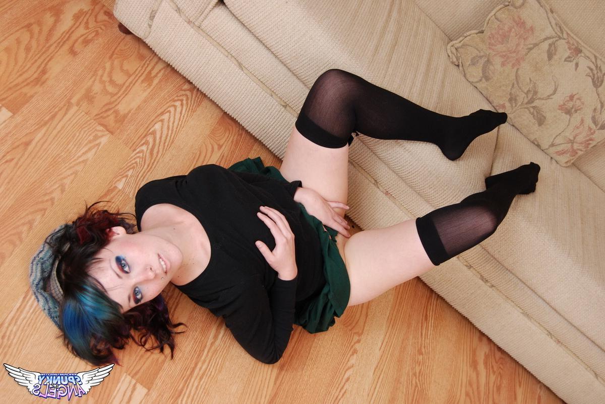12P Brunette teen Sabrina teases with no panties covering her tight pussy under her short skirt