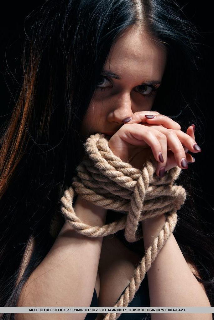 16P Brunette babe Eva Kahil gets tied up for you in bed