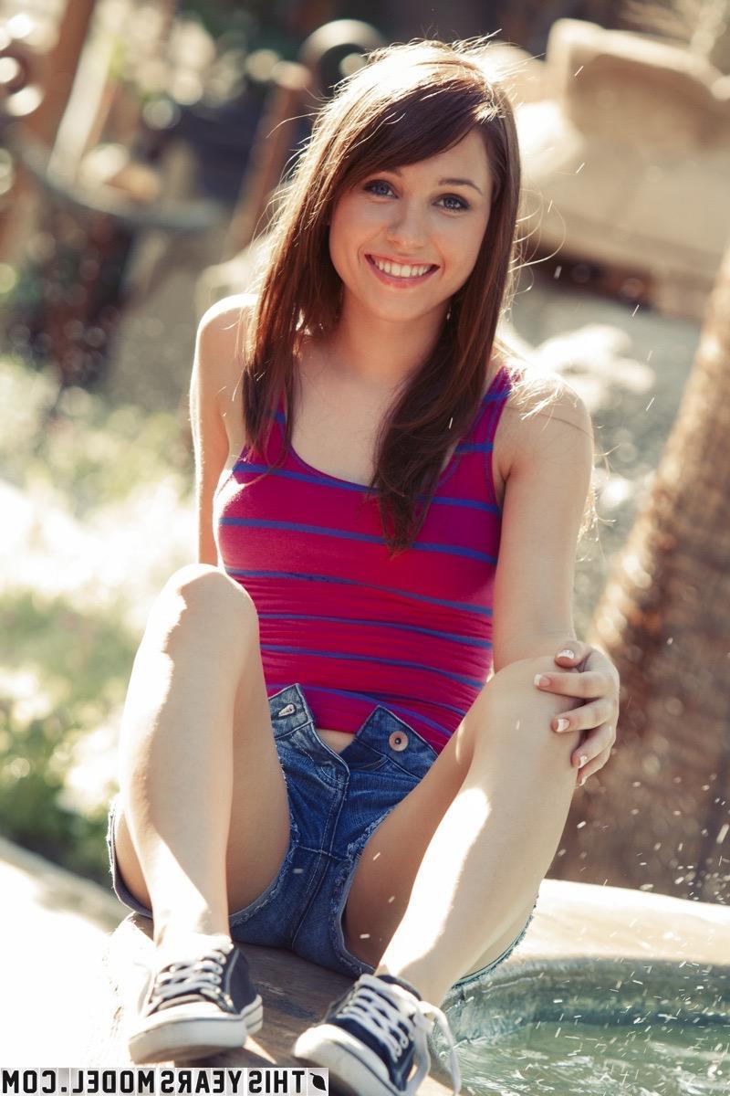 15P Brunette teen Marissa May gets naked in a public fountain