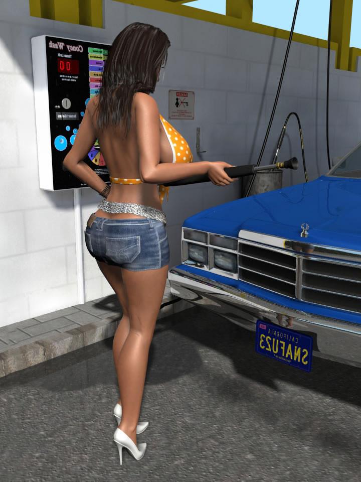 12P Huge breasted 3D carwash babe poses nude while car cleaning at gas station