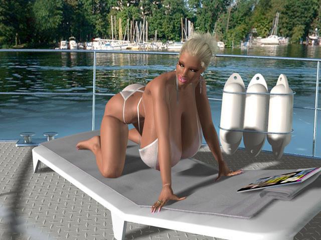 12P Topless 3D blonde with huge boobs poses on sea yacht