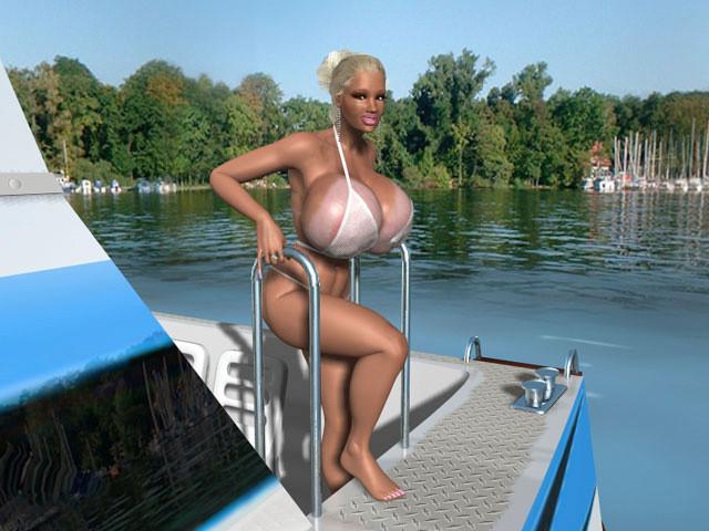 12P Topless 3D blonde with huge boobs poses on sea yacht