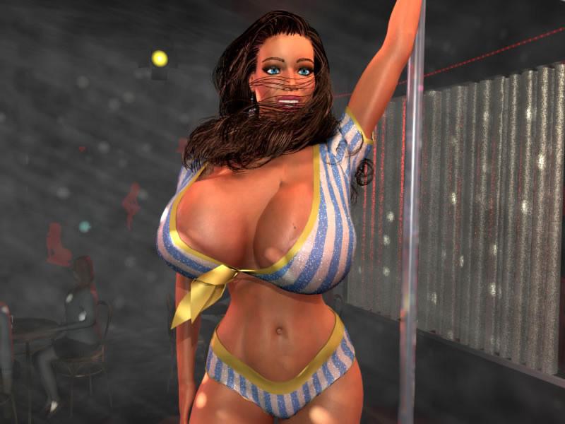 12P Stacked 3D stripper shaking her massive melons by the pole