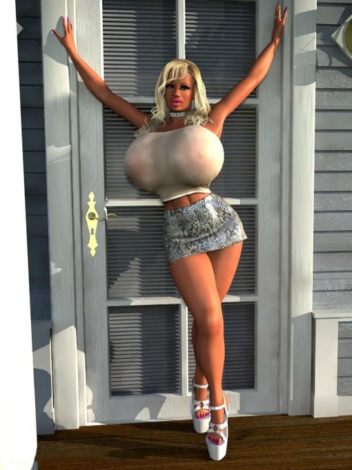 12P Huge titted 3D blonde babe posing nude outdoors