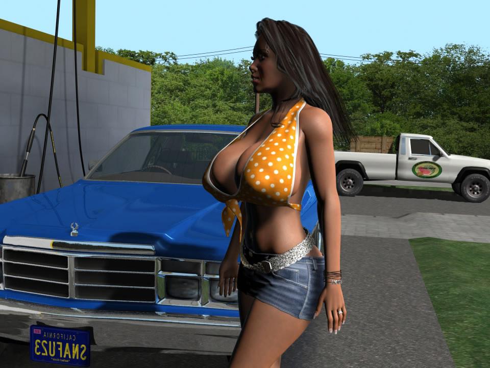 12P Hot 3D brunette with extra large tits posing nude on a car hood
