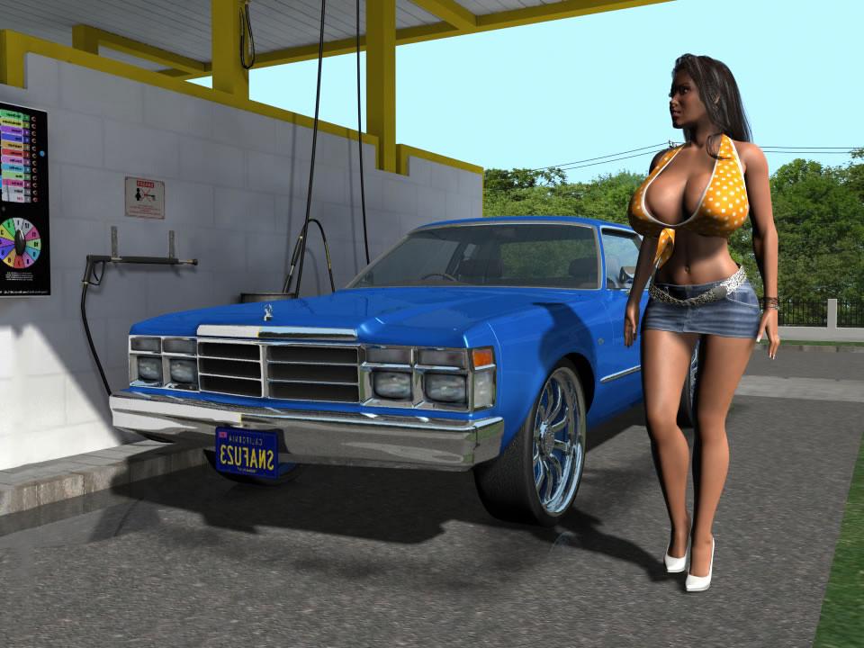 12P Huge breasted topless 3D brunette hottie washing a car