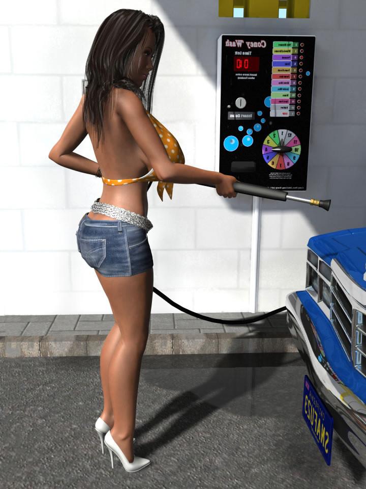 12P Huge breasted topless 3D brunette hottie washing a car