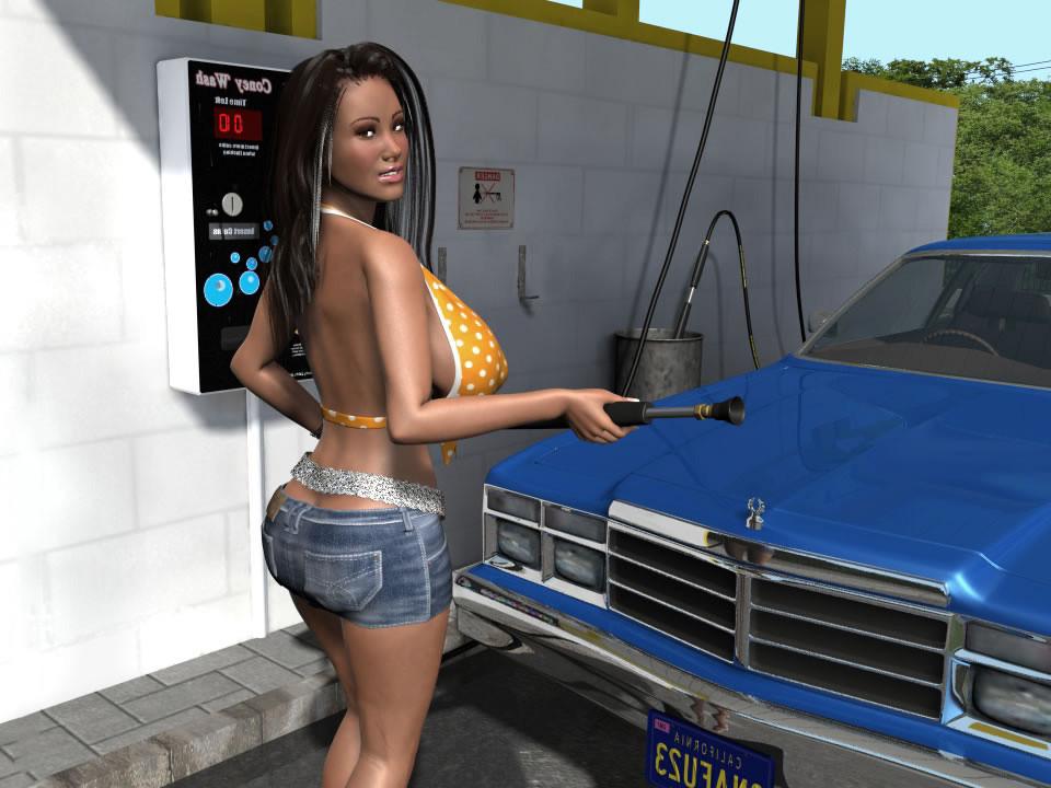 12P Busty 3D brunette drops panties and bra to wash a car