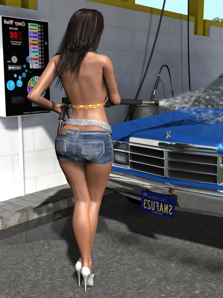 12P Busty 3D brunette drops panties and bra to wash a car