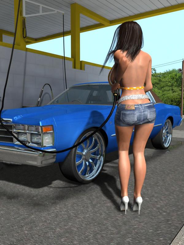 12P Hot 3D babe at public carwash flashing big tits