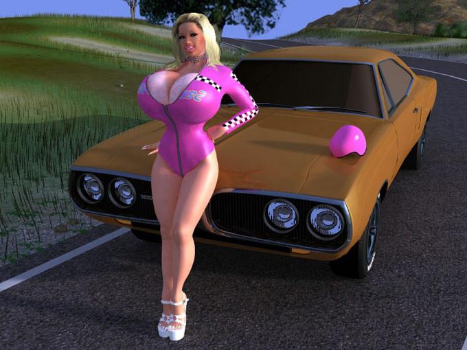 12P Großbrüstiges 3D-Babe zeigt alles auf der Motorhaube eines Sportwagens