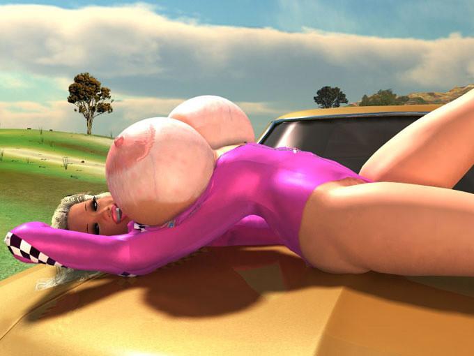12P Großbrüstiges 3D-Babe zeigt alles auf der Motorhaube eines Sportwagens