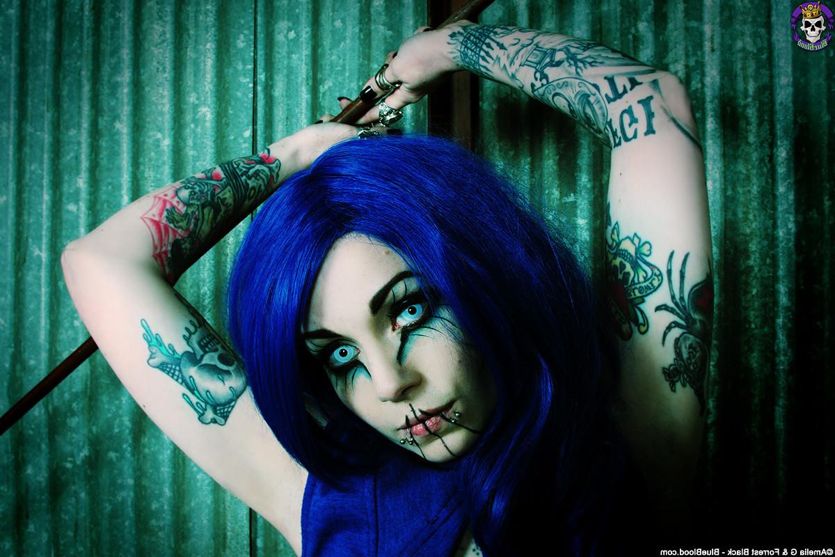 15P Blue Haired Wild and Tattooed Gothic Babe