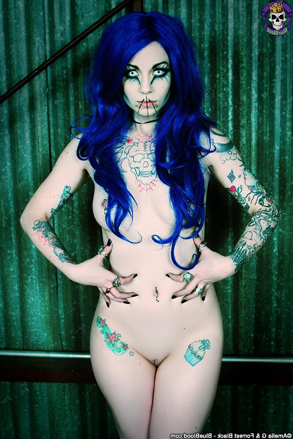 15P Blue Haired Wild and Tattooed Gothic Babe