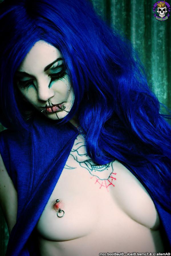 15P Blue Haired Wild and Tattooed Gothic Babe