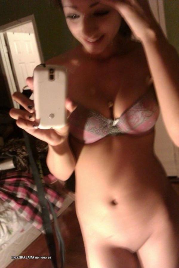 11P Amateur lovely brunette teen taking topless mirror pics