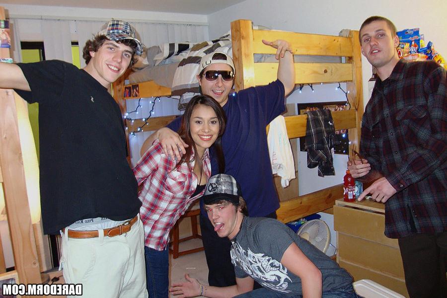 12P Watch super hot cute college babes swap a cock in the dorm room bathroom in thes