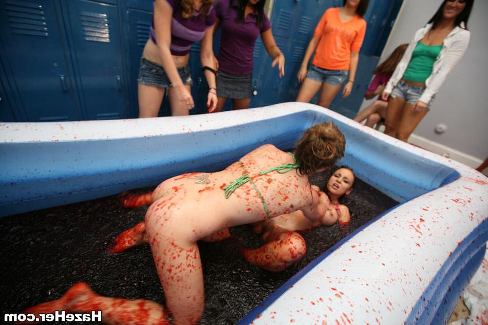 15P Lesbian sorority sisters force teen pledges to wrestle in jello